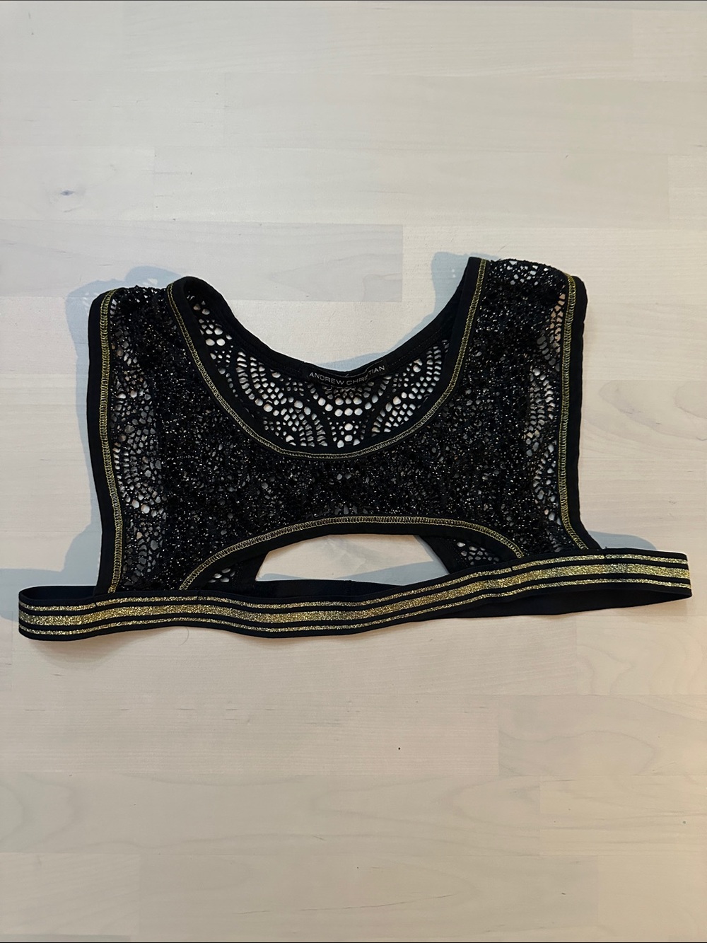 Andrew Christian Black Lace Crop Harness with Gold Trim